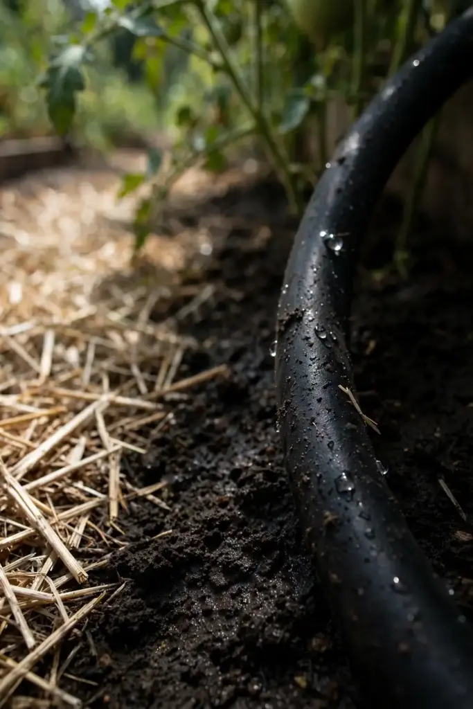 Soaker hose watering tomato plants at the soil line