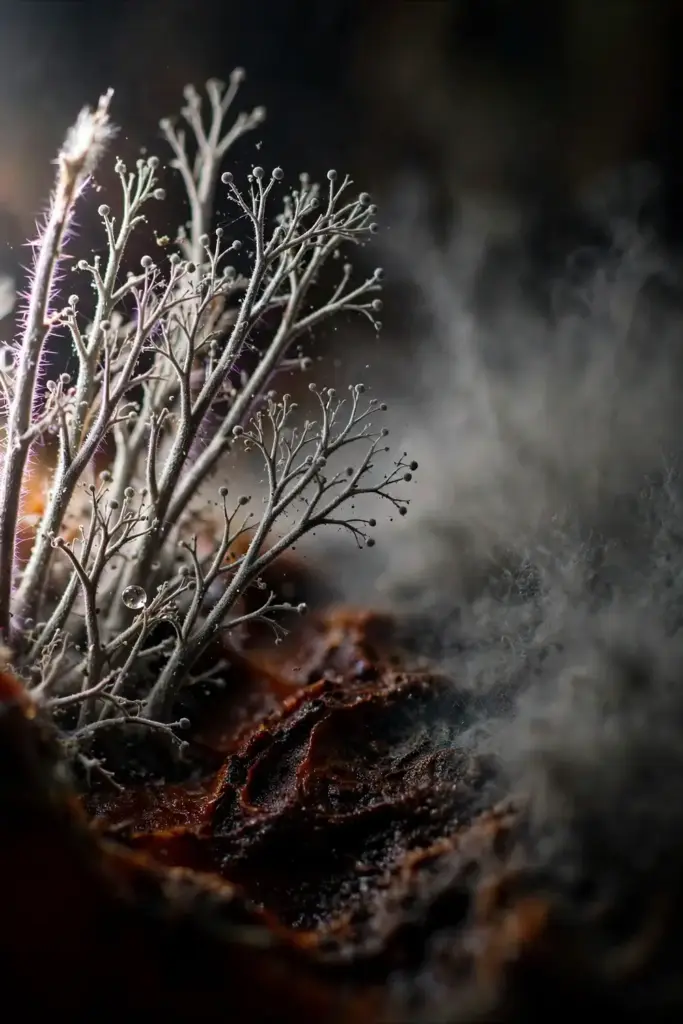 Extreme macro of gray mold spore stalks on rotted tomato