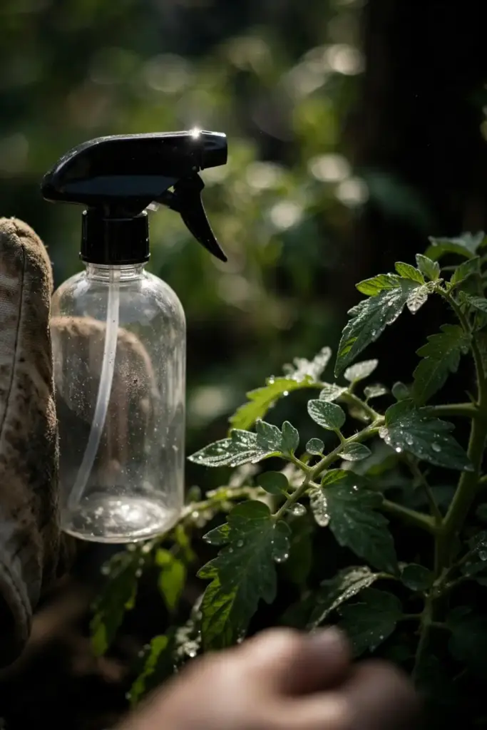 Unlabeled spray bottle beside tomato foliage held by a worn garden mitt
