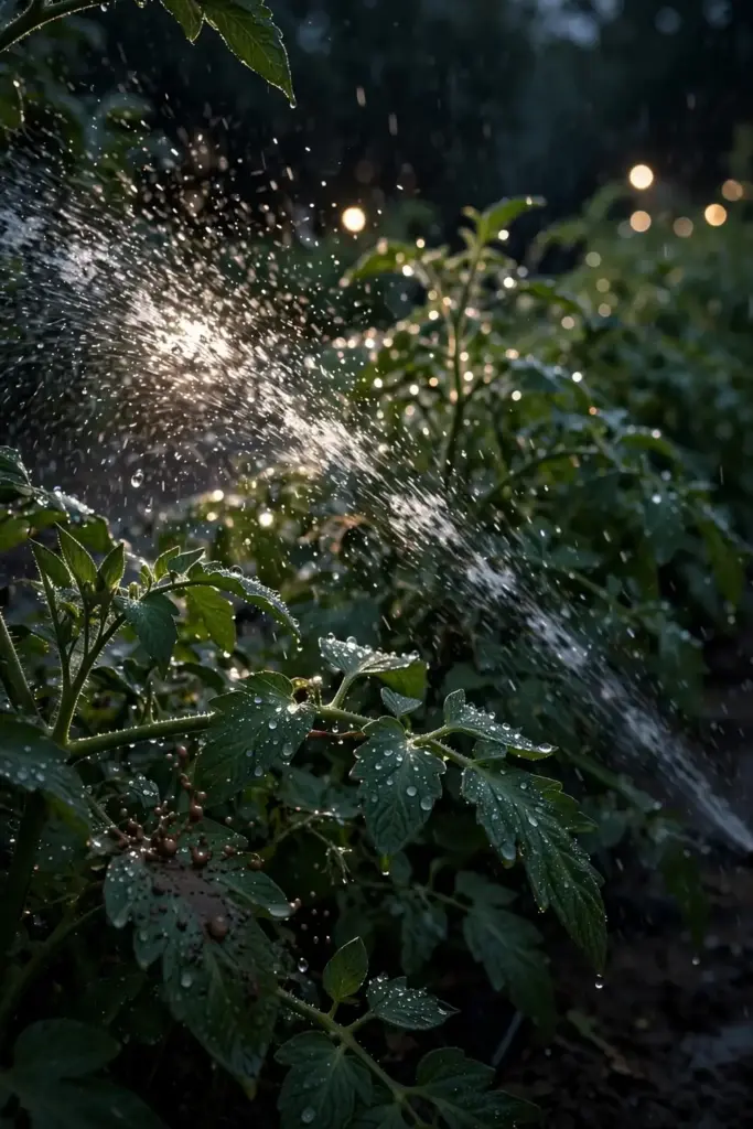 Sprinkler soaking tomato foliage in the evening