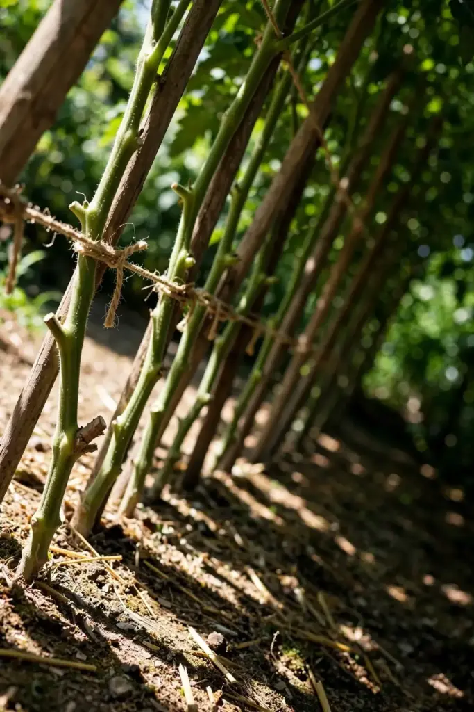Staked tomato plants with lower foliage pruned for airflow
