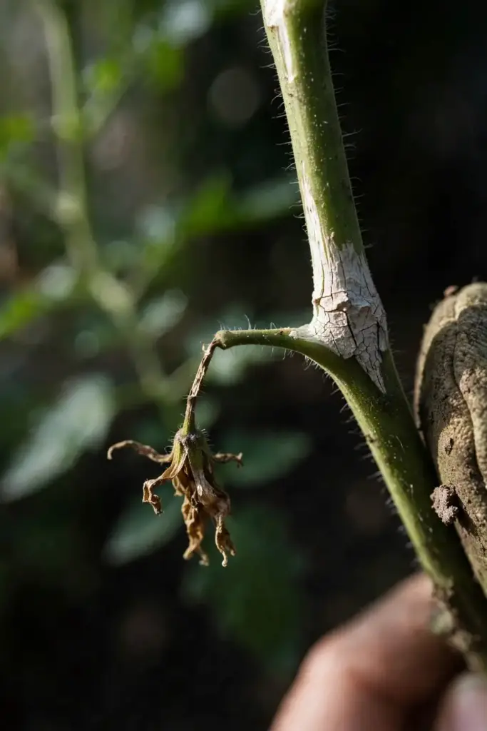 Tomato stem with white canker band and dead blossom in a worn garden mitt