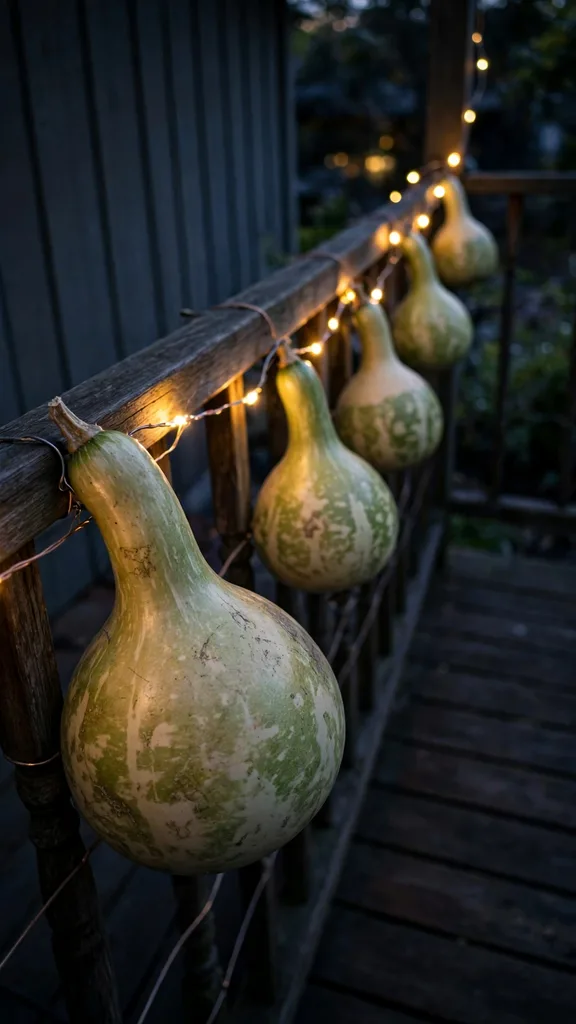 Bottle gourds wired along a porch railing with warm LED lights at dusk