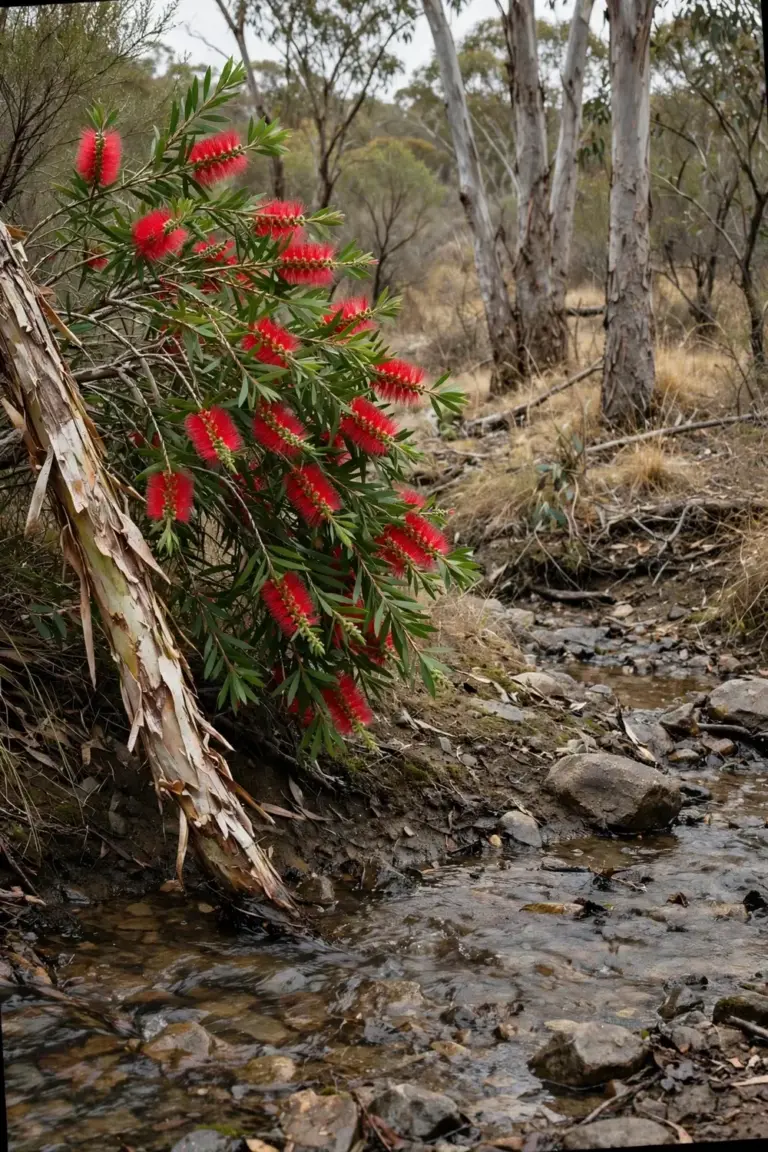 Bottlebrush growing beside a creek in Australian bushland