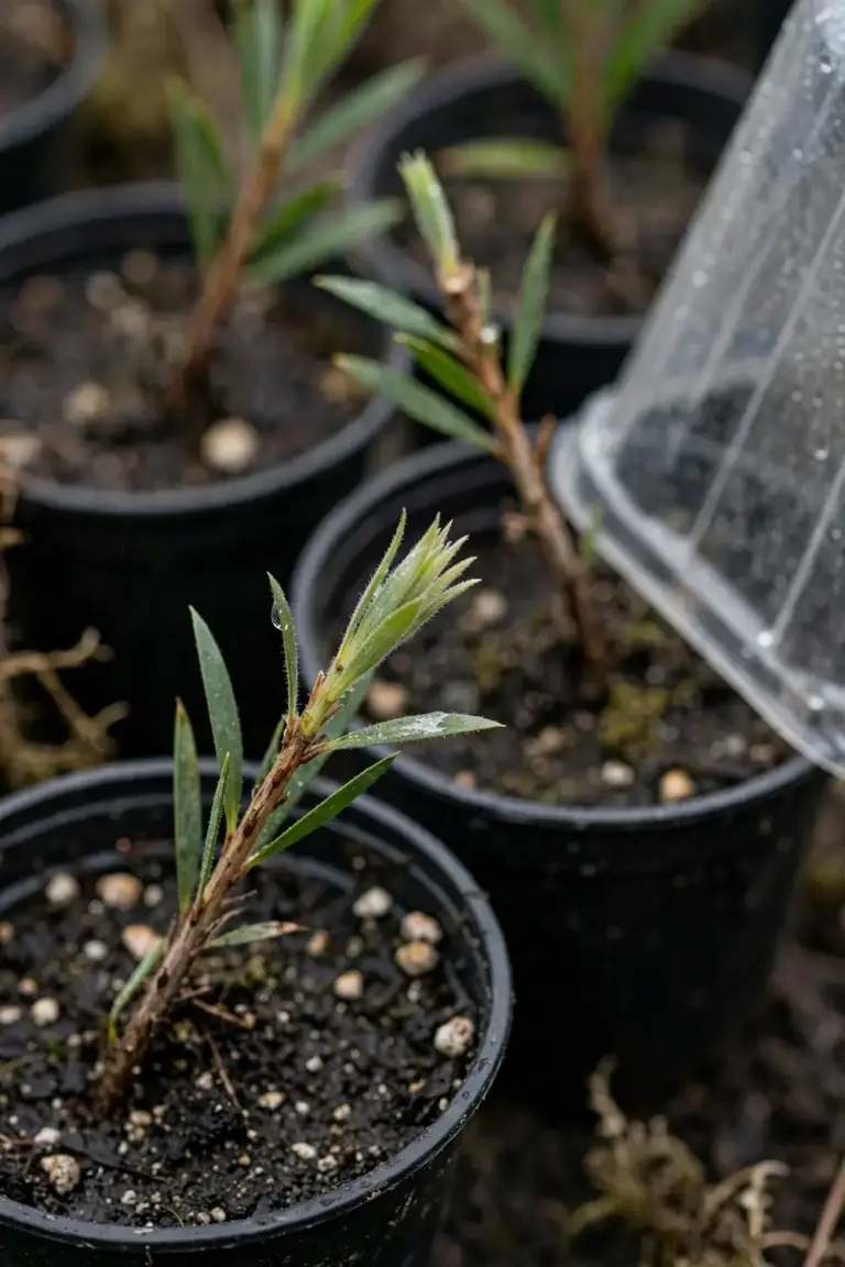 Tray of small bottlebrush cuttings rooting in pots of dark mix
