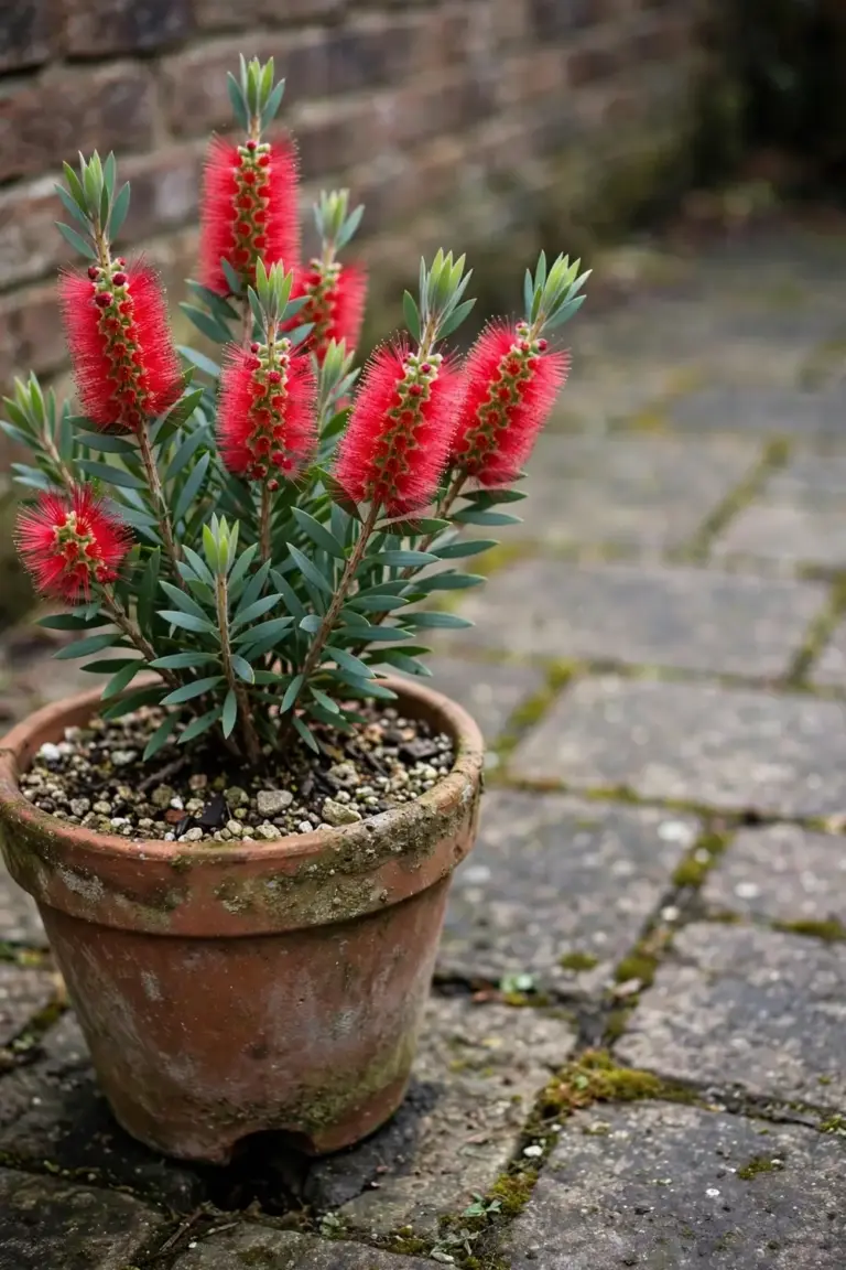 Dwarf bottlebrush with red spikes growing in a terracotta pot
