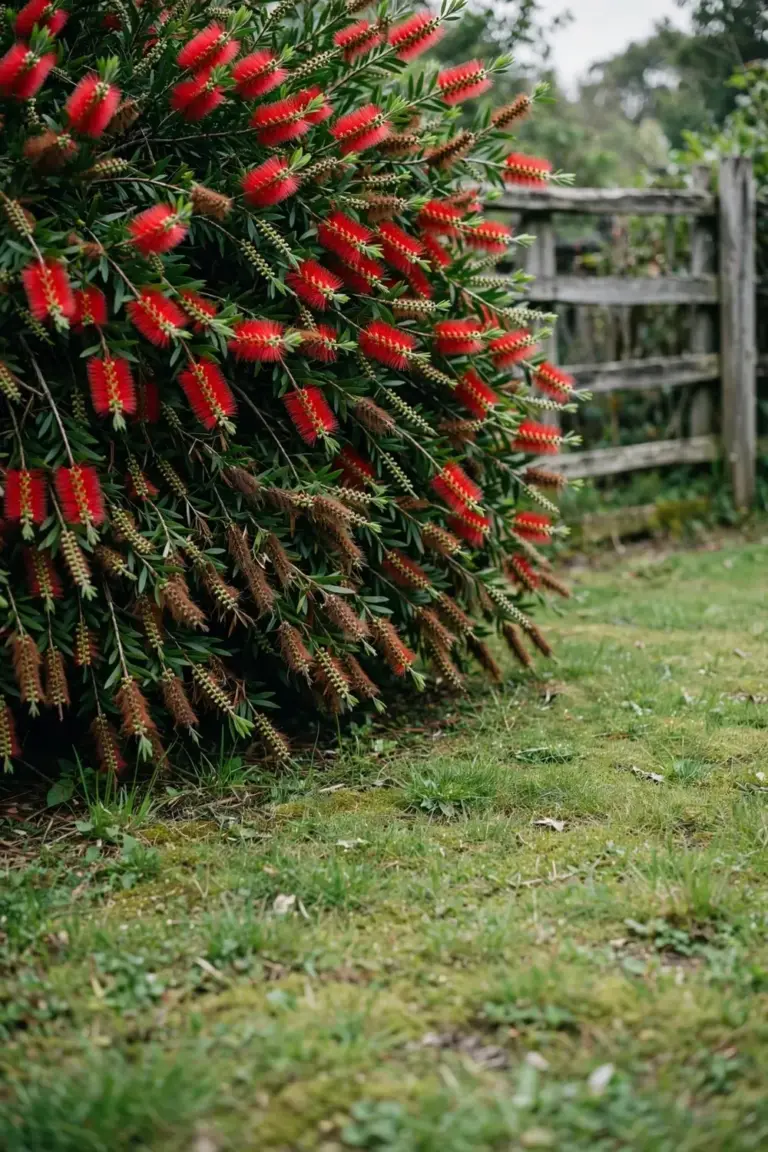 Bottlebrush hedge covered in red flower spikes