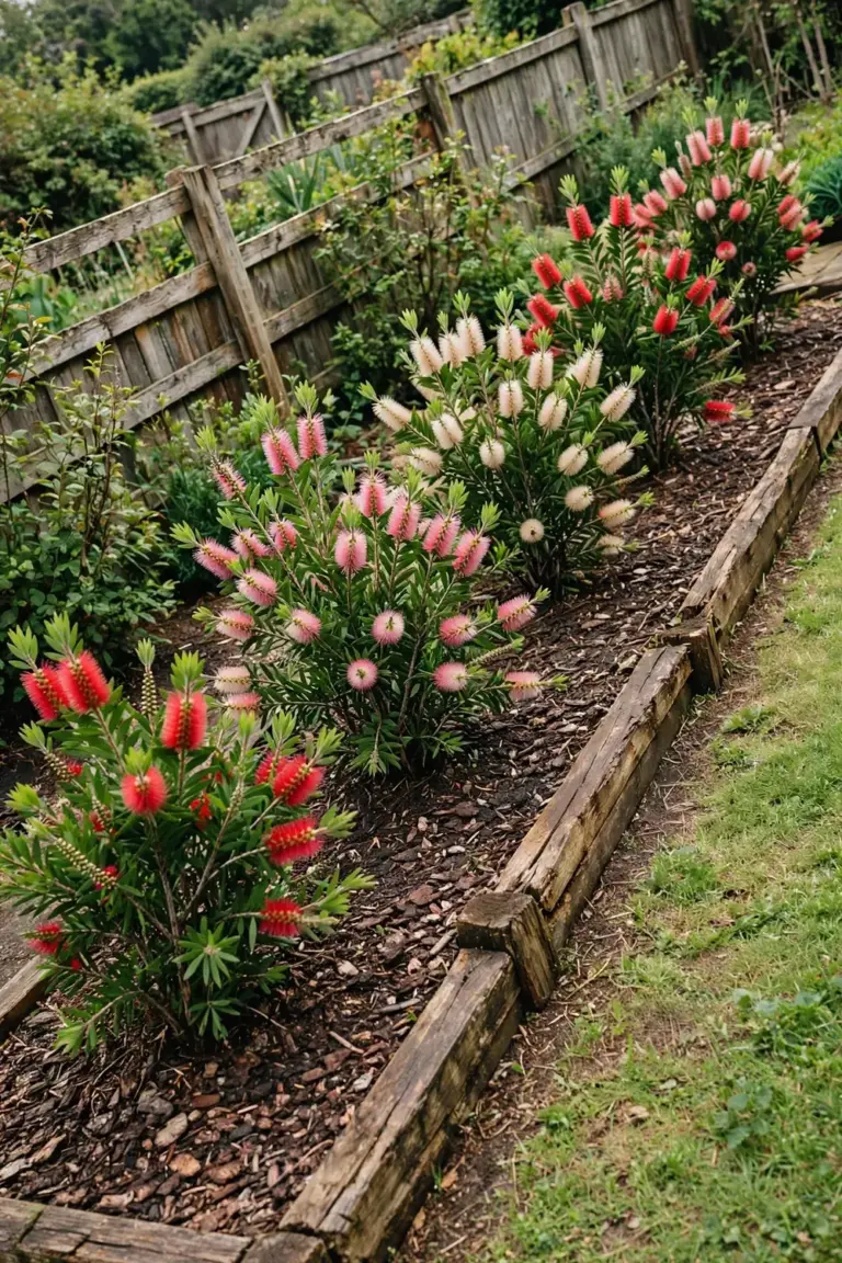 Garden bed with several bottlebrush shrubs in flower