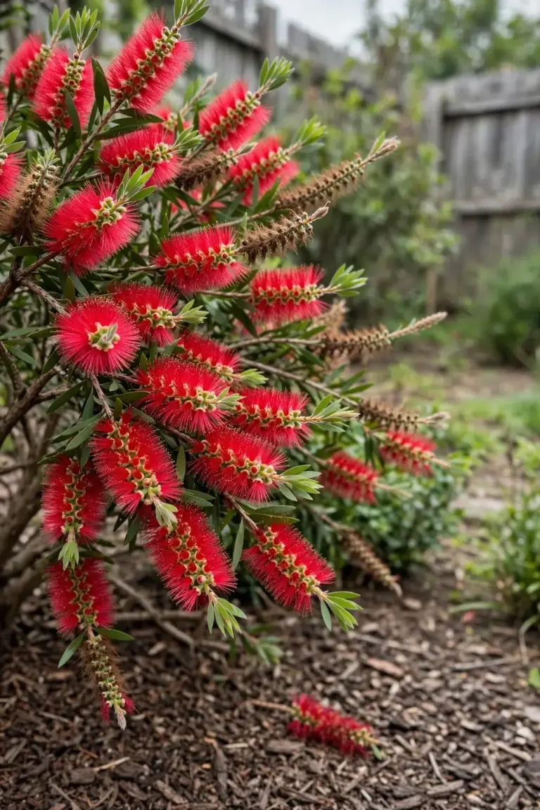 Mature bottlebrush shrub in full red bloom in a home garden