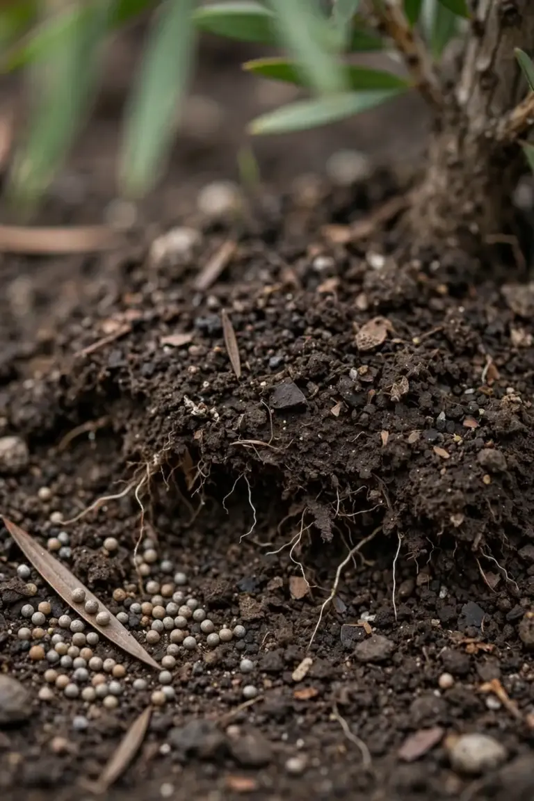 Slow-release fertilizer granules scattered on soil at a bottlebrush base