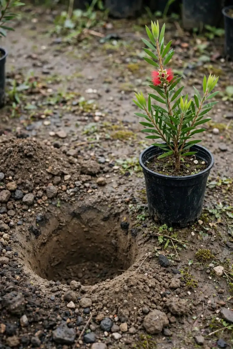 Young bottlebrush beside a freshly dug planting hole with a soil mound