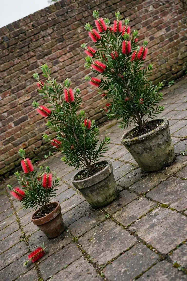 Three potted bottlebrush shrubs of different heights on a patio
