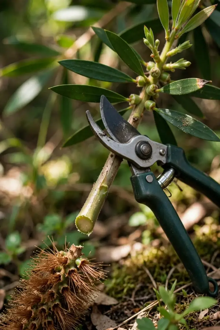 Secateurs resting against a bottlebrush stem beside a freshly cut spent flowerhead