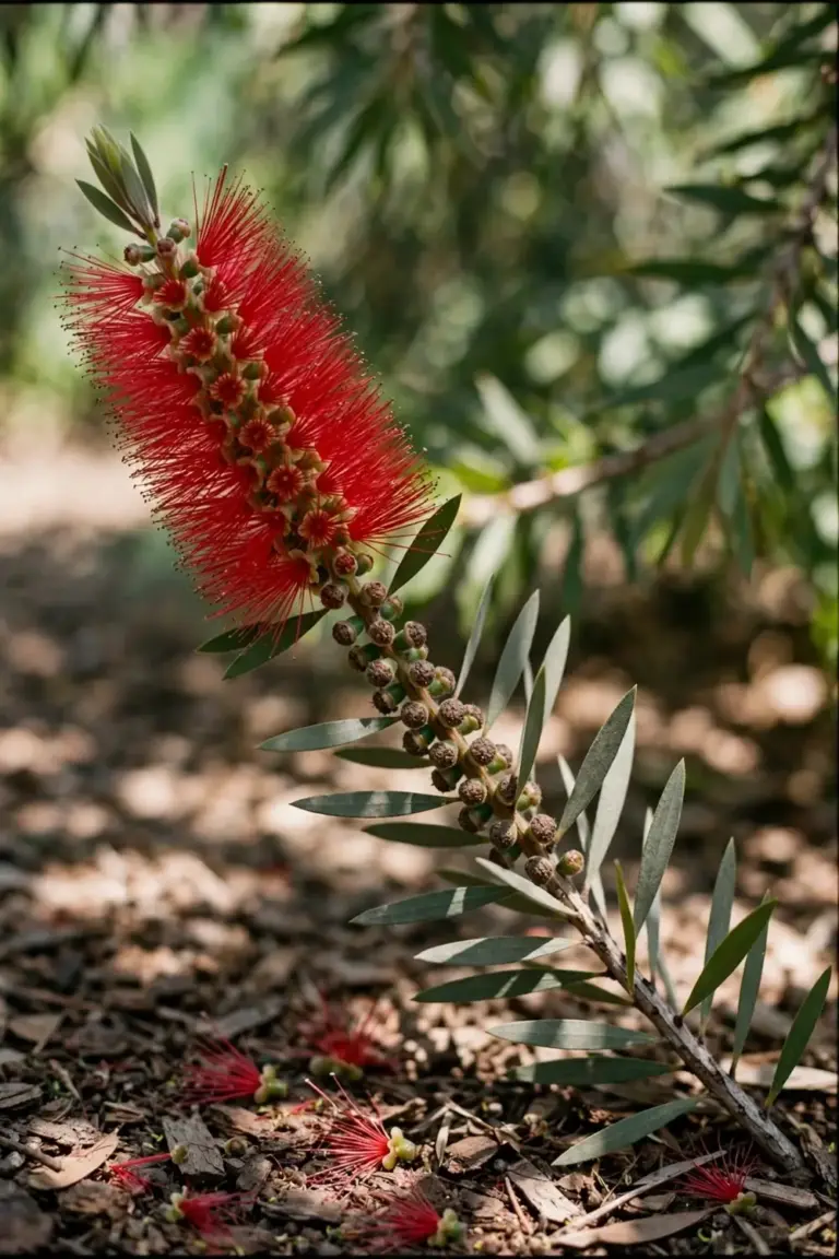 Red bottlebrush flower spike with woody capsules on the stem