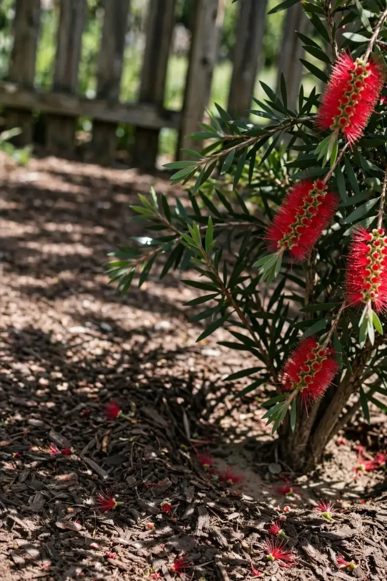Bottlebrush shrub in a sunny mulched garden bed