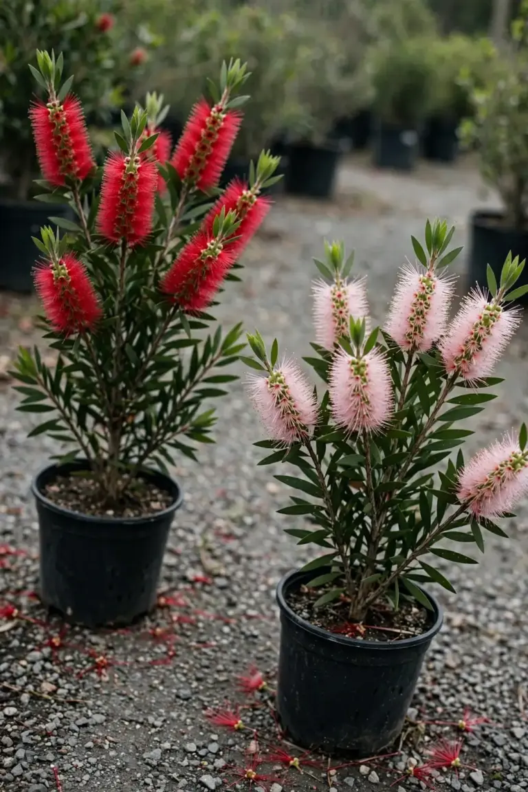 Two potted bottlebrush shrubs, one with crimson spikes and one with pink spikes