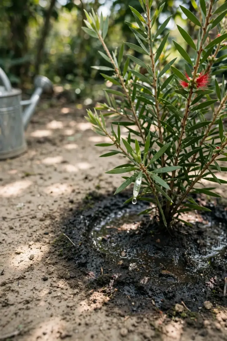 Young bottlebrush with a dark damp soil ring at its base