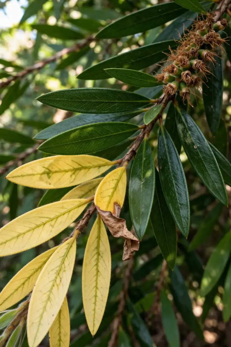 Bottlebrush branch with yellowing leaves beside healthy green leaves