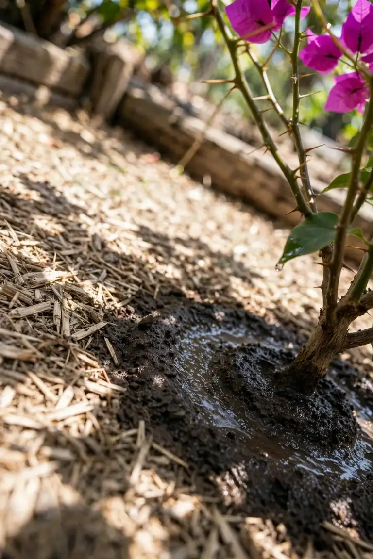 Deep soak wetting the soil around a bougainvillea with dry surface beyond