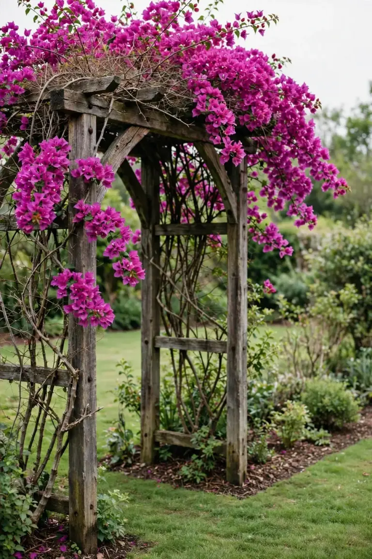 Established bougainvillea in full color over a garden arch