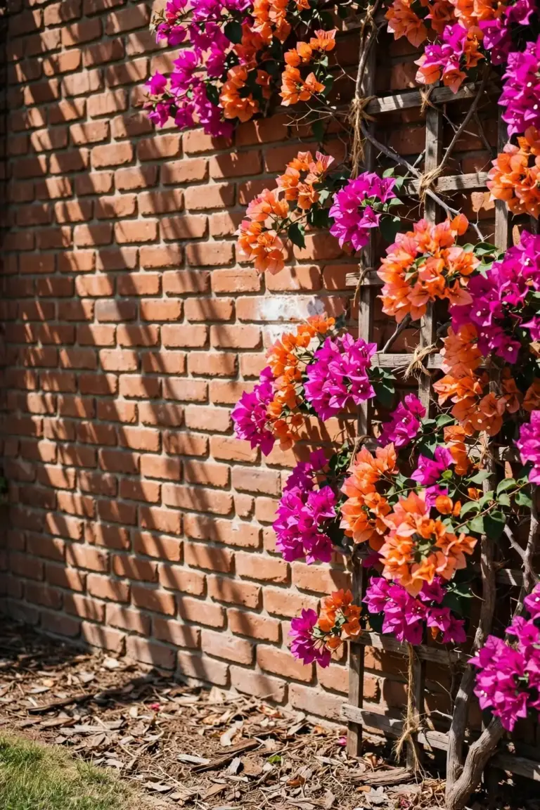 Bougainvillea in full sun against a north-facing brick wall