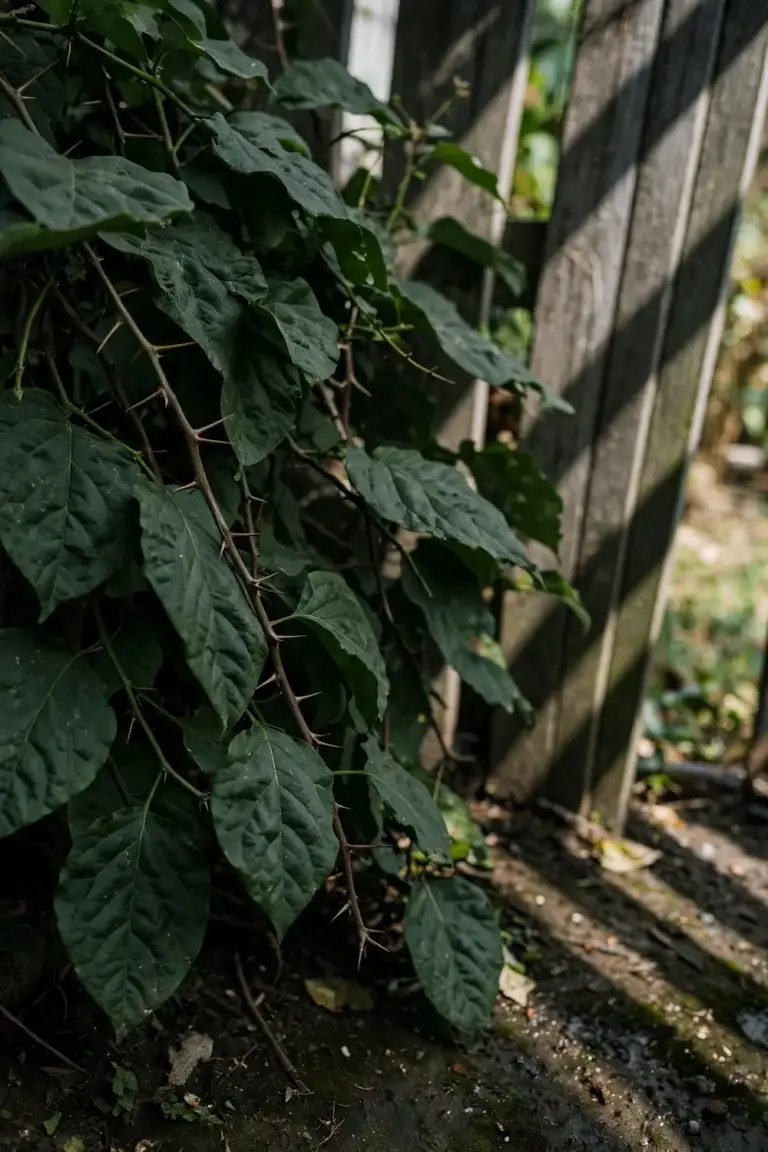 Green leafy bougainvillea with no bracts growing in shade beside a fence