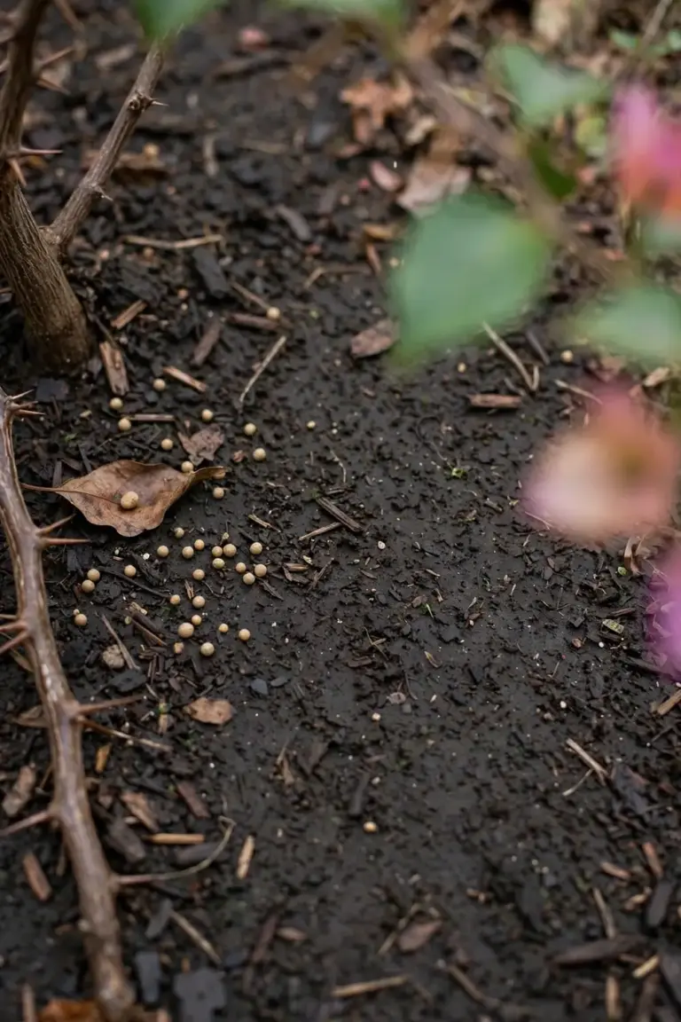 Sparse slow-release fertilizer granules scattered thinly on soil near a bougainvillea