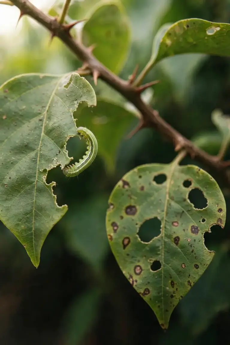 Bougainvillea leaf with caterpillar chew holes and a small green looper caterpillar
