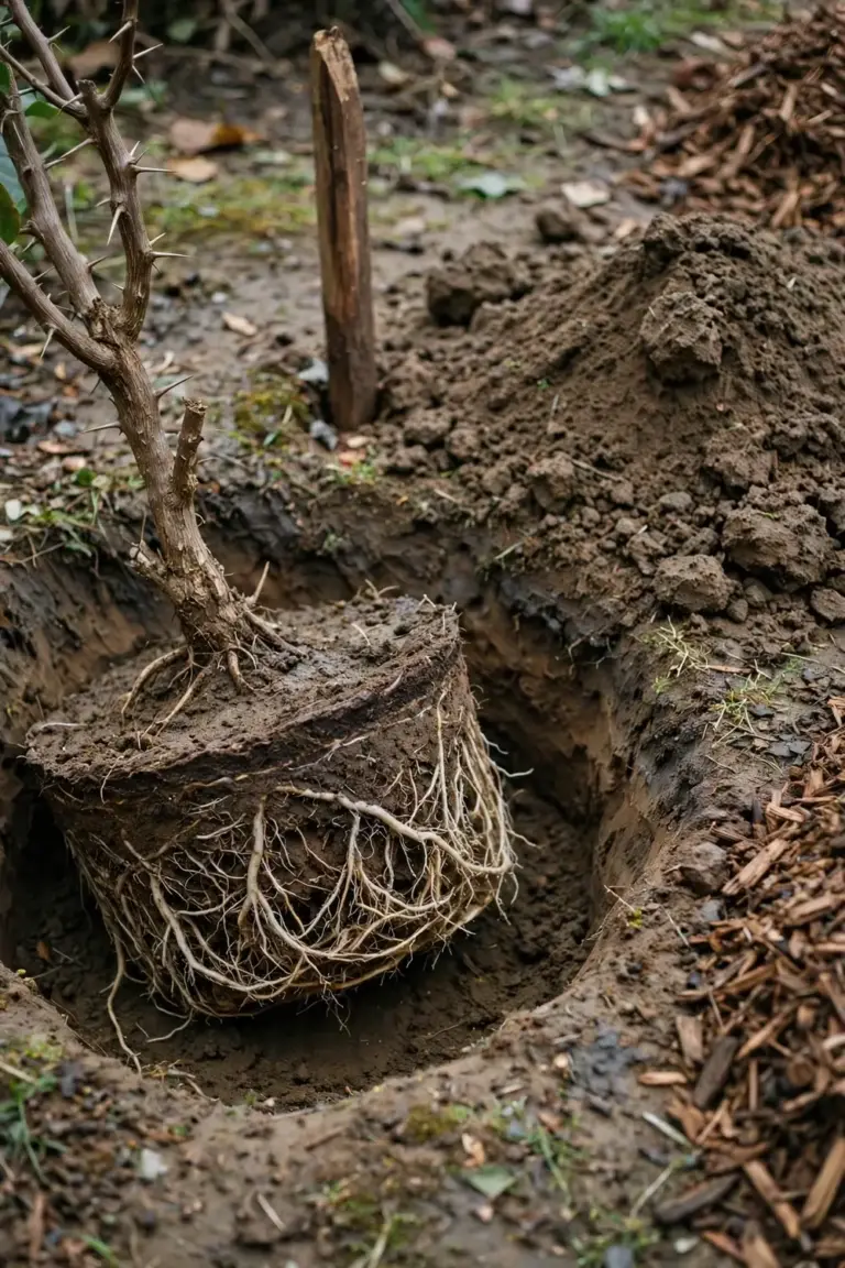 Bougainvillea root ball set shallow in a wide planting hole