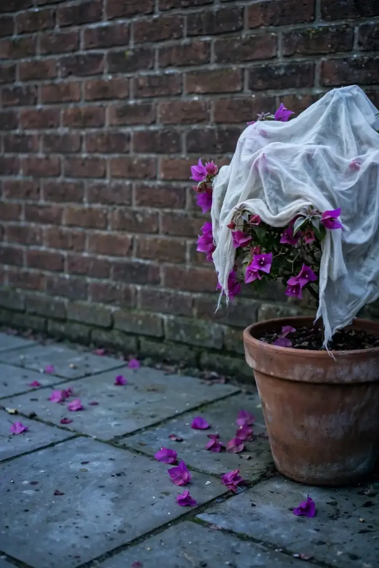 Potted bougainvillea with frost cloth draped over it against a brick wall