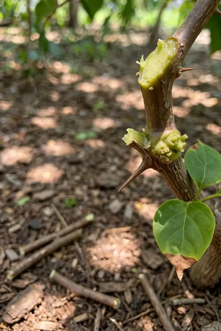 Fresh pruning cut on a bougainvillea stem above an outward leaf node