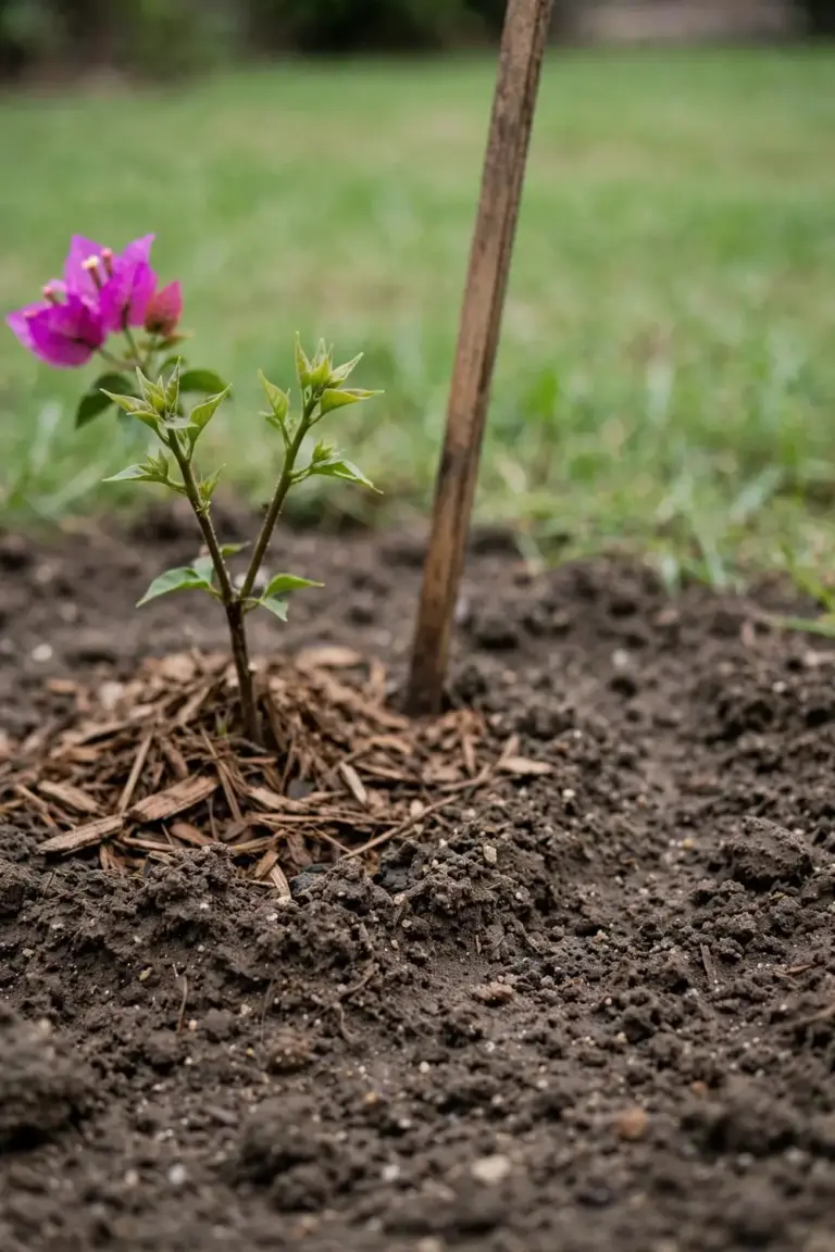 Young bougainvillea planted in spring soil with fresh green shoots