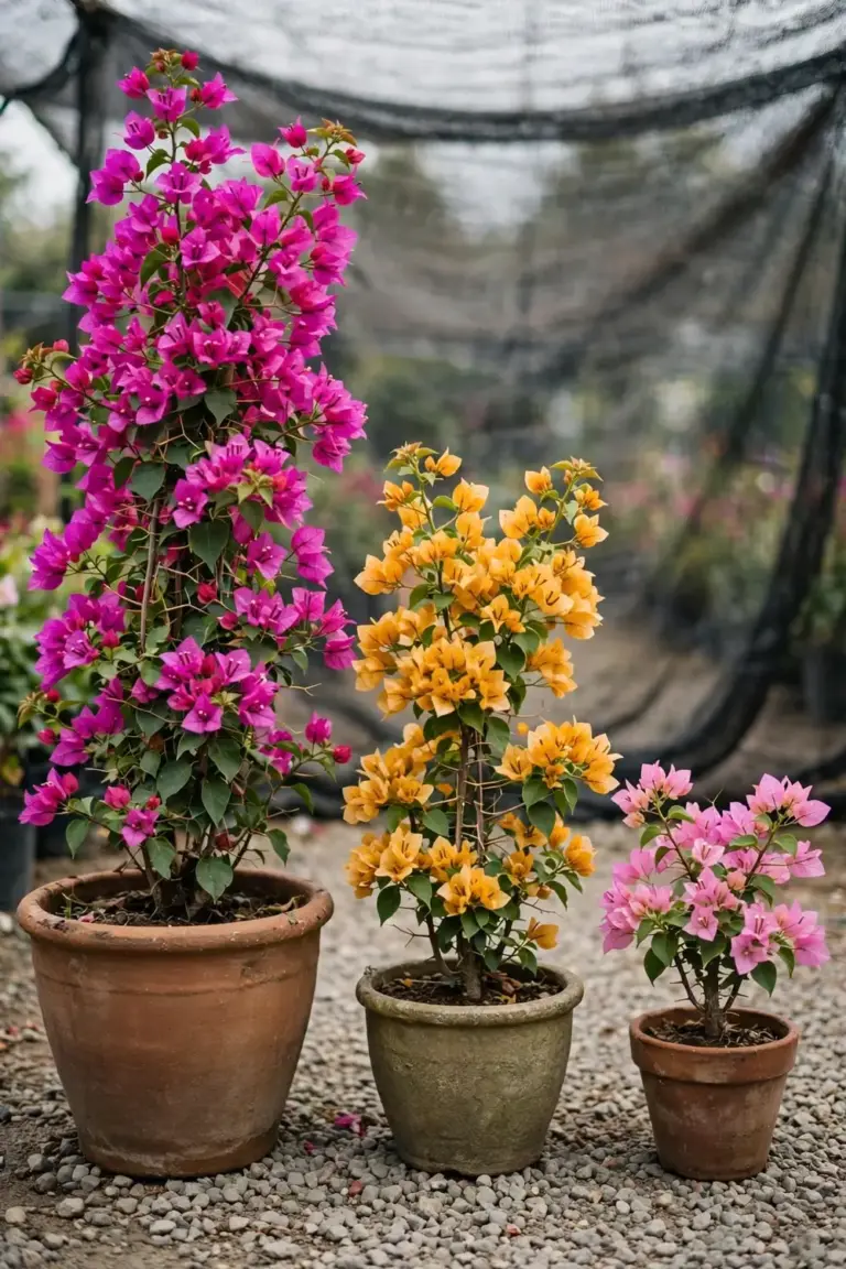 Three bougainvillea plants in pots showing magenta, gold, and pink bracts side by side