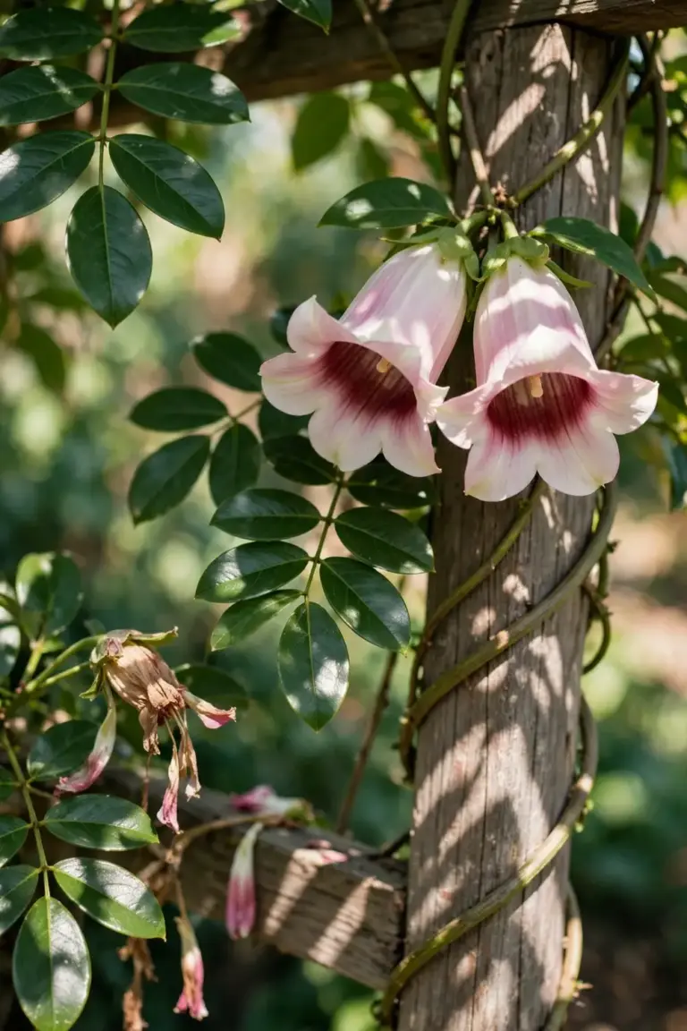 Bower vine with glossy pinnate leaves and large pink-white bell flowers