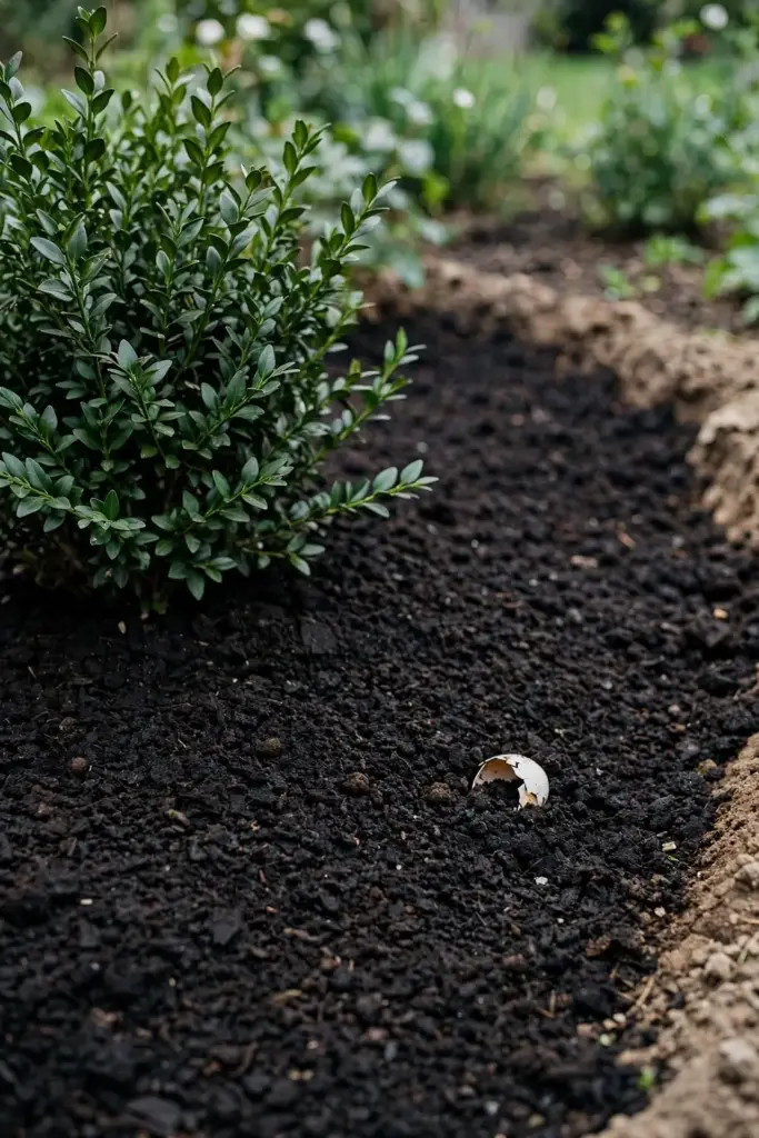 Dark finished compost spread around the base of a healthy boxwood shrub.