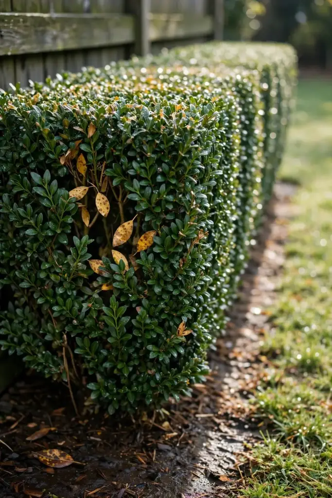 Dense sheared boxwood hedge with a damp closed canopy and spotted leaves in a gap.