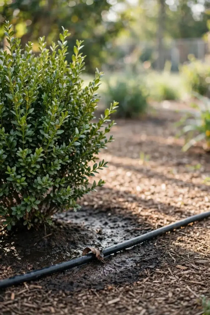 Drip line wetting mulch only around a boxwood root zone while leaves stay dry.
