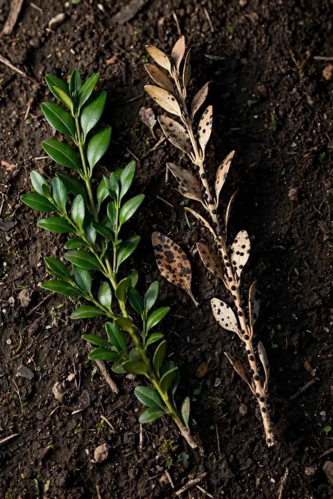 Healthy dark-green boxwood twig beside a straw-colored twig dotted with black fruiting bodies.