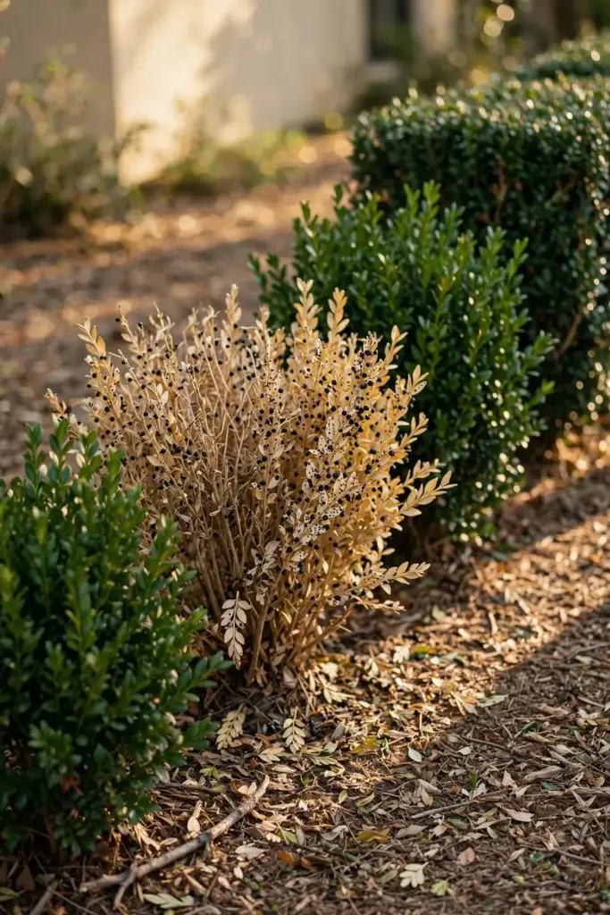 Row of boxwood shrubs with the oldest shrub showing straw-colored spotted interior leaves.