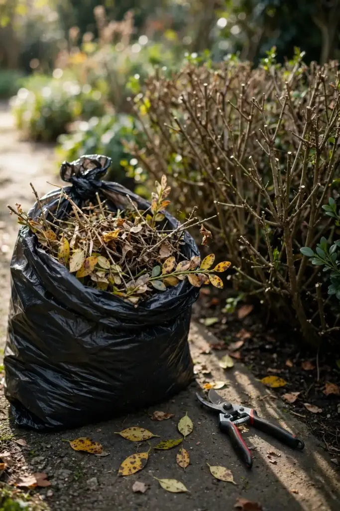 Bagged boxwood cuttings with spotted leaves beside a freshly thinned shrub.