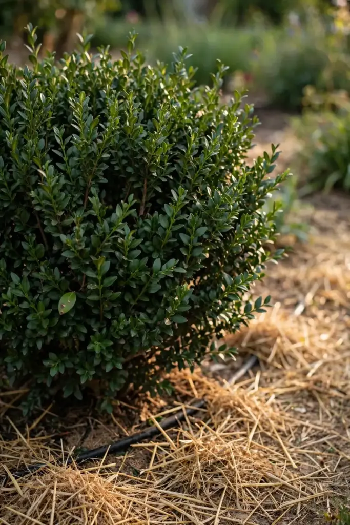 My own bed with a healthy recovered boxwood shrub in clean straw mulch.