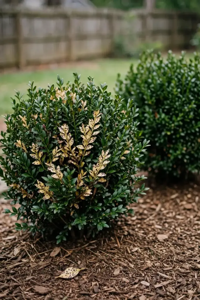 Boxwood shrub with patchy straw-colored spotting inside an otherwise green canopy.