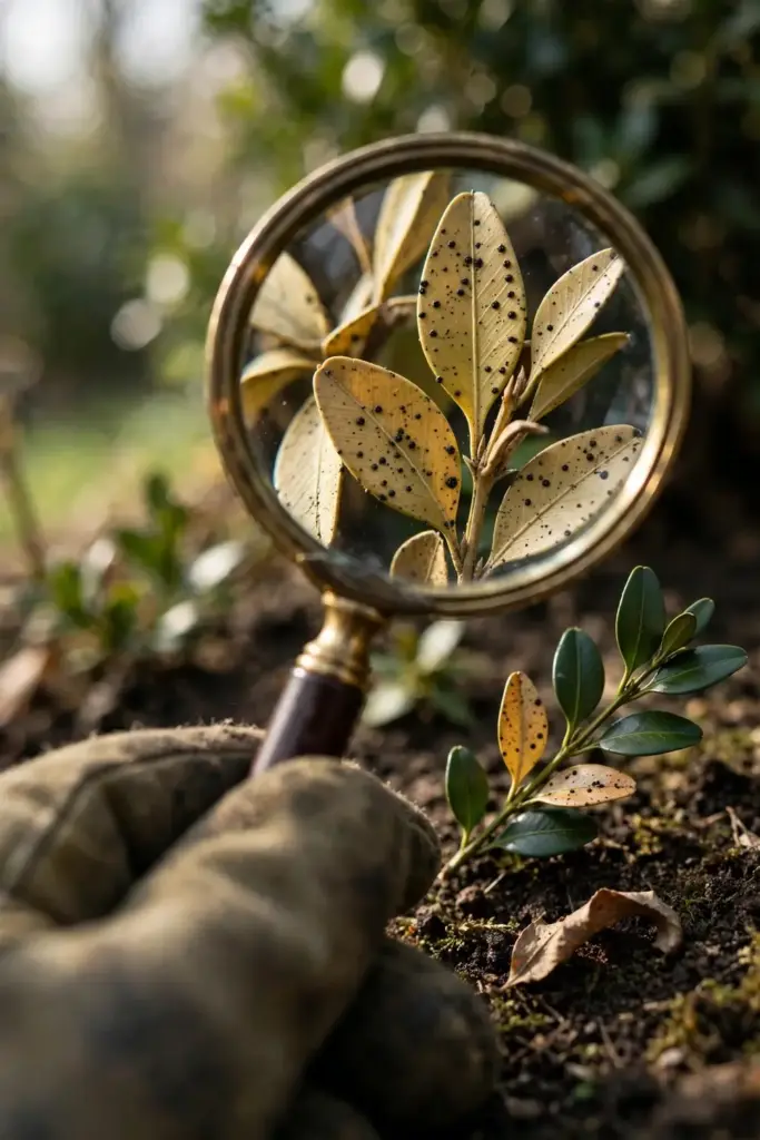 Magnifying glass enlarging a boxwood leaf spotted with black Macrophoma fruiting bodies.