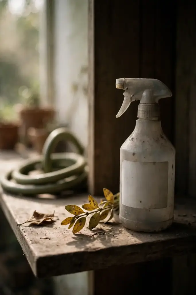 Dusty unopened spray bottle on a garden shelf beside a spotted boxwood twig.
