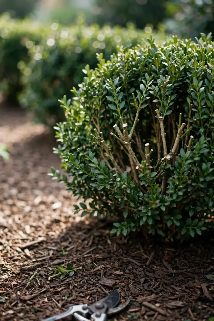 Freshly thinned boxwood shrub with an open canopy letting light reach the interior.