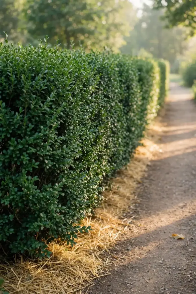 Thriving boxwood hedge with dense dark-green growth in soft morning light.