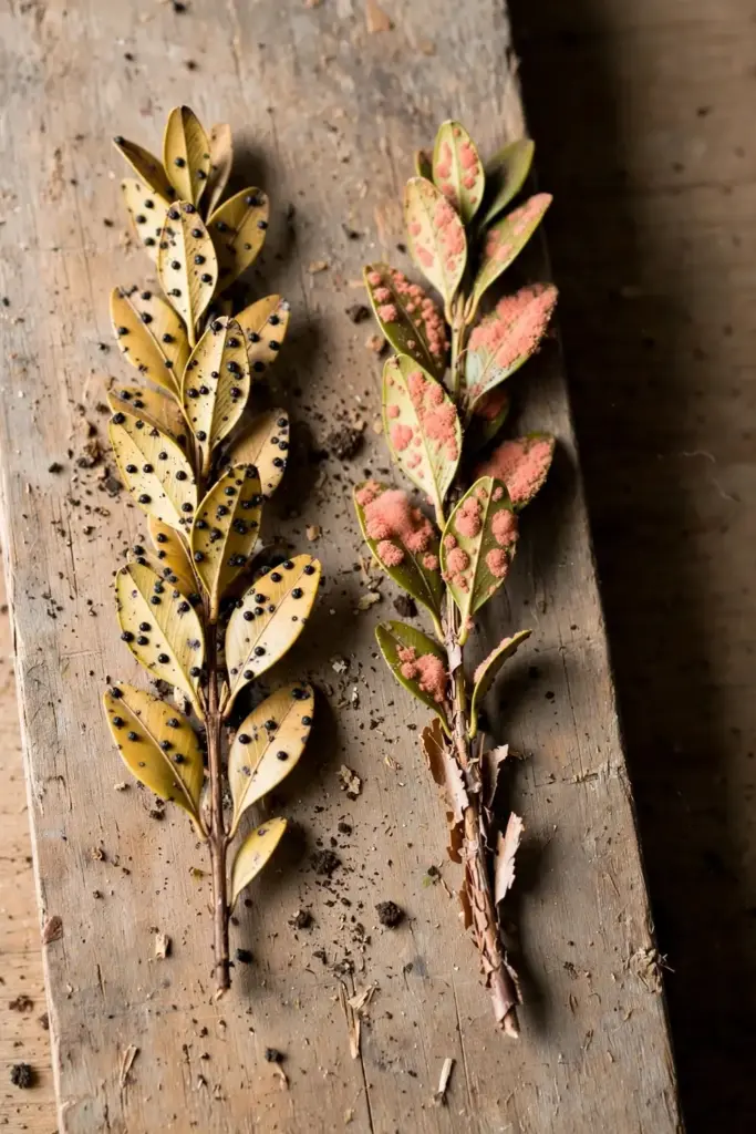 Two boxwood twigs compared, one with black Macrophoma dots and one with salmon pink Volutella masses.