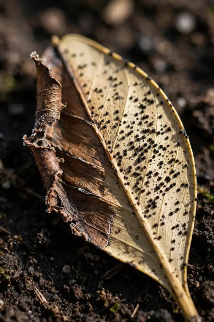Winter-damaged boxwood leaf, half bronzed from cold and half dotted with black fruiting bodies.