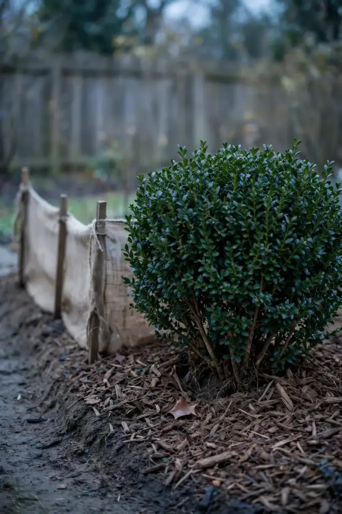 Boxwood shrub mulched for winter with a burlap windbreak on the windward side.