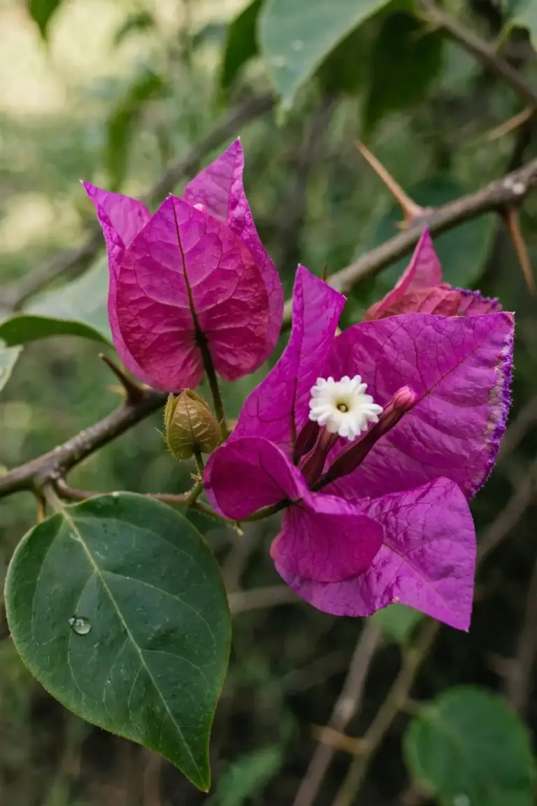 Close view of magenta bougainvillea bracts with tiny white true flowers inside